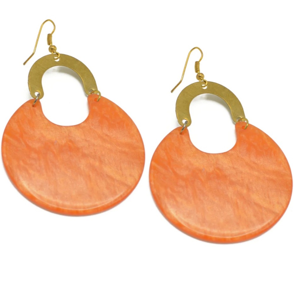 Gold Orange Marbled Resin Drop Earrings